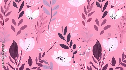  a pink and purple floral wallpaper with leaves and flowers.  generative ai