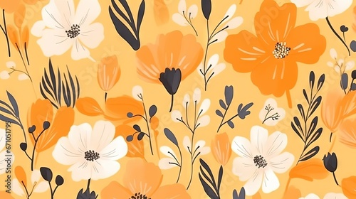  an orange and white flower pattern on a yellow background with black and white flowers. generative ai