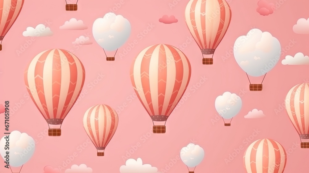 many hot air balloons flying in the sky with clouds on a pink background.  generative ai