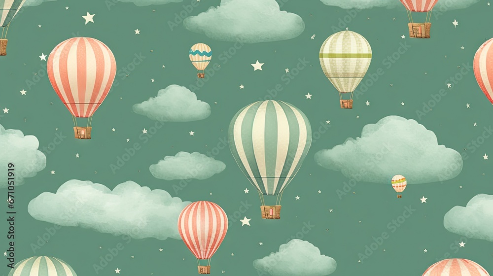  a group of hot air balloons flying in the sky with stars and clouds.  generative ai