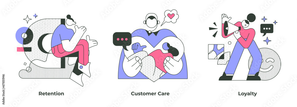 Fototapeta premium Business concepts of customer care include retaining loyal customers, giving exceptional client service, building customer loyalty. Effective communication, personalized service, buyer satisfaction