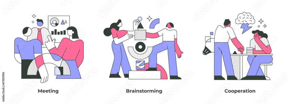 Business concepts of teamwork include scenes of productive meetings, brainstorming, cooperation in problem-solving, and support between colleagues in pursuit of shared goals Business concepts of teamwork include scenes of productive meetings, brainstorming, cooperation in problem-solving, and support between colleagues in pursuit of shared goals