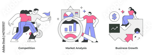 Business concepts of market analysis include competitors profiling, visual presentation, growth potential, trends, customer demands, and strategies