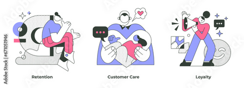 Business concepts of customer care include retaining loyal customers, giving exceptional client service, building customer loyalty. Effective communication, personalized service, buyer satisfaction