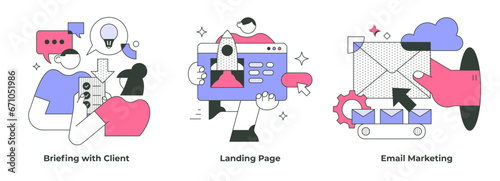 Business concepts of building campaign strategy include the process of communication with client, creating landing page, and running email marketing