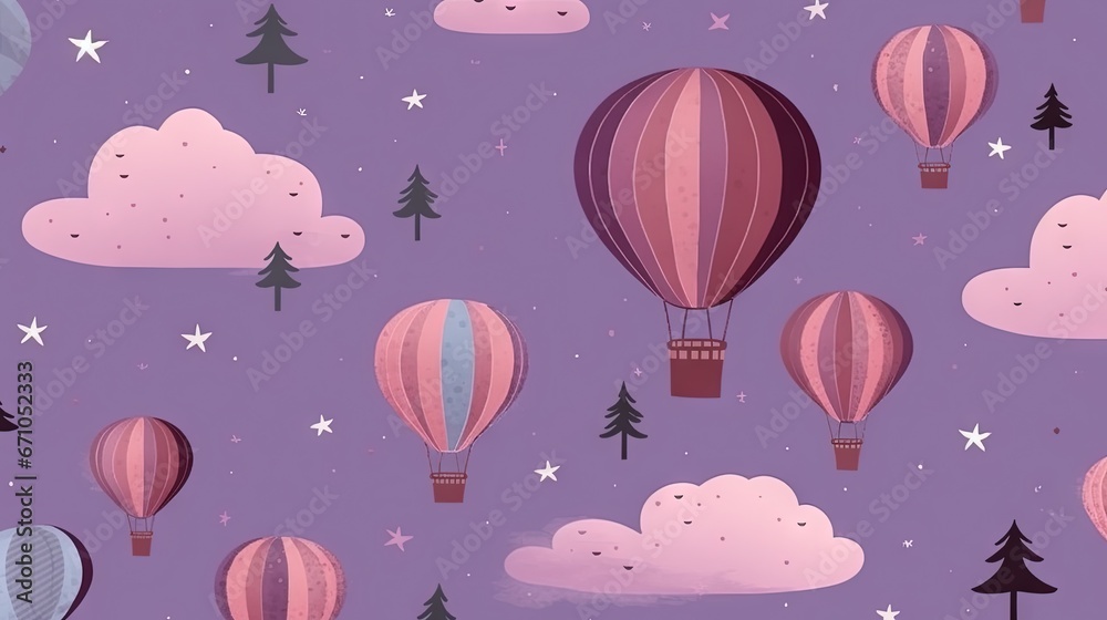  a purple background with hot air balloons and stars in the sky.  generative ai