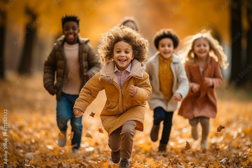 Happy multiethnic children group running along autumn park. Smiling boys and girls of different skin colors play and have fun together. Diversity and free communication concept. Happy multiethnic children group running along autumn park. Smiling boys and girls of different skin colors play and have fun together. Diversity and free communication concept.
