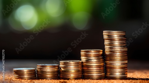 Arranged stack of coins, ascending in height as growth and development in business and investment. Steady increase in profit, the result of successful business strategies and wise investment decisions