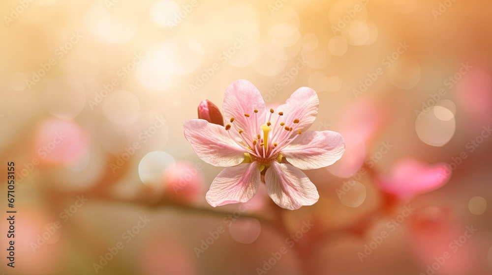  a pink flower is blooming on a branch with blurry background.  generative ai