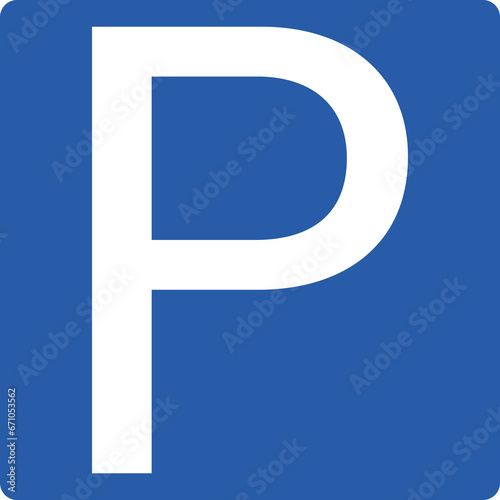 Isolate parking area sign with big capital letter P in blue suare shape photo