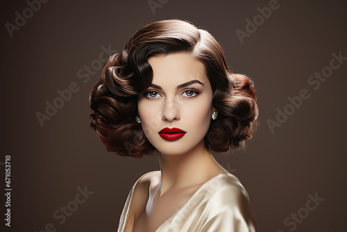 Portrait of a beautiful young woman of European origin with retro-styled dark hair  flawless makeup  gray eyes  and red lips in a silk  ivory dress posing on a brown background  looking at the camera.