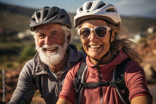 Elderly smiling couple in safety helmets riding bicycles together to stay fit and healthy. Caucasian seniors having fun on a bike ride in summer countryside. Retired people lead active lifestyle.