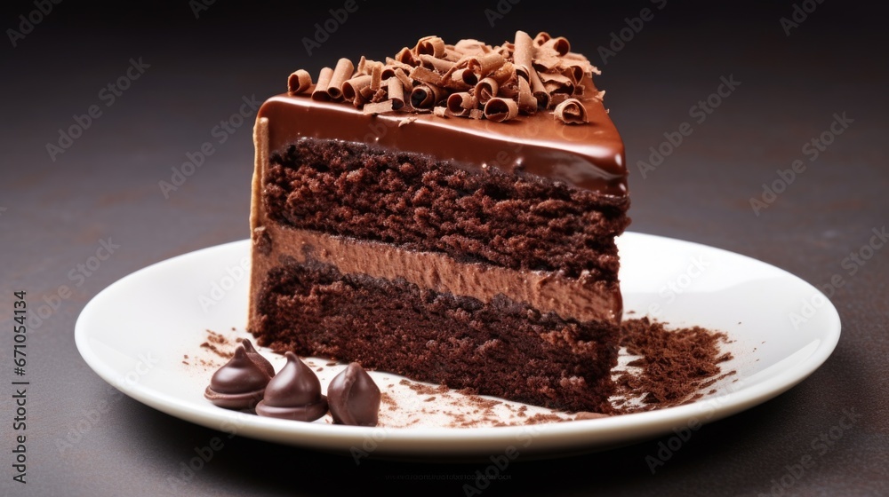 chocolate cake with frosting and curls on a white plate