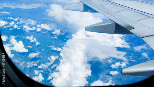Aerial view of a scenic cloudscape with a blue sky from an airplane
