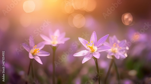  a group of purple flowers with a blurry light in the background. generative ai