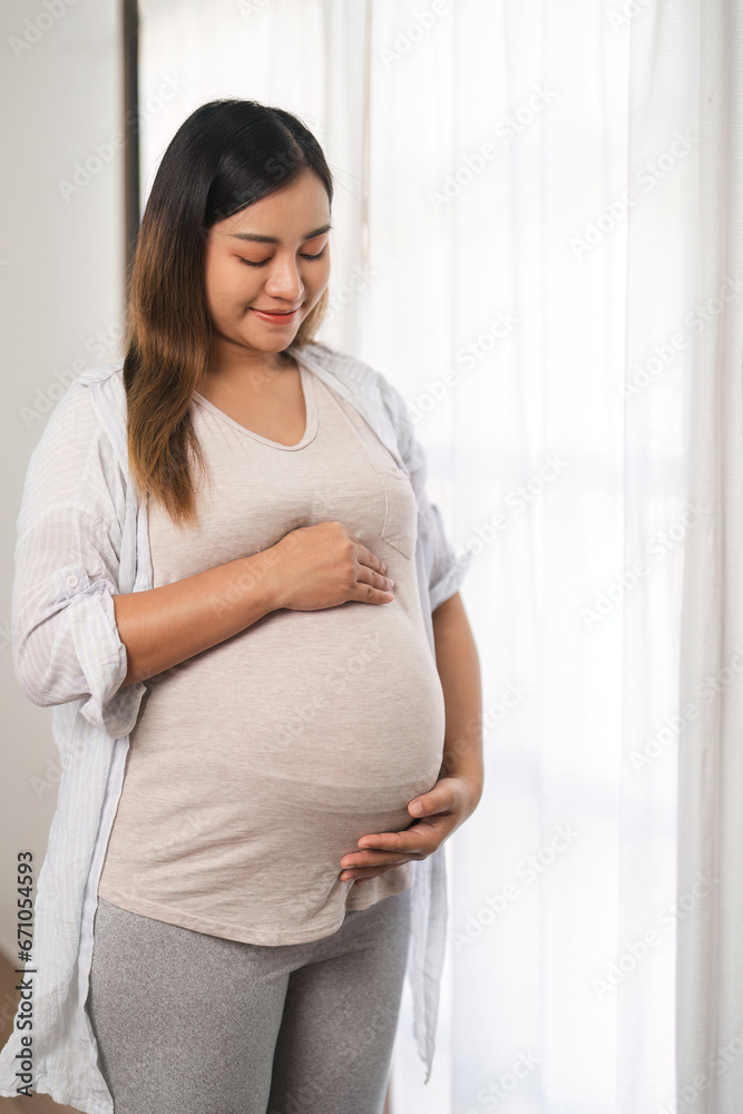 Portrait of a beautiful young woman during the third trimester of pregnancy Pregnant woman with arms on round belly, smiling, relax expression. Portrait of a beautiful young woman during the third trimester of pregnancy Pregnant woman with arms on round belly, smiling, relax expression.