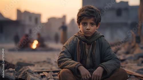 Sad boy sitting on the ground, with a blurred image of a destroyed city in the background. Generative AI photo