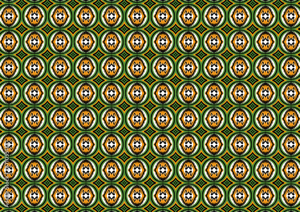 Pattern symbol multi colored on green graphic shapes geometric texture tribal illustration backdrop wallpaper vintage style retro classic decorative publication textile cloth rug mosaic tile