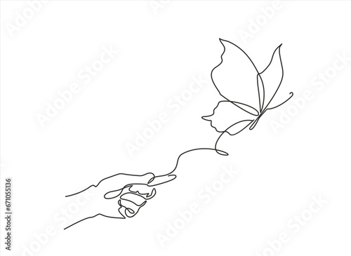 Human hand holding butterfly flying continuous line art drawing. One line butter fly insect. Vector isolated on white.