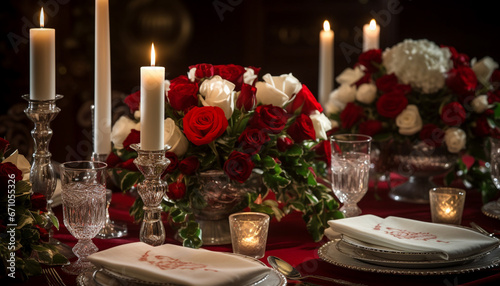 Celebração Natalina: Mesa Elegante com Rosas Vermelhas, Candelabros de Prata e Louça de Cristal para a Ceia de Natal.