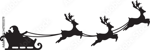 Santa Claus is flying in sleigh with Christmas reindeer. Silhouette of Santa Claus, sleigh with Christmas presents and reindeer  Silhouette photo