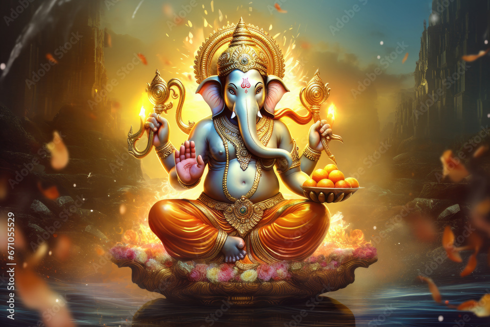 Hindu Lord Ganesha with blurry beautiful and colorful decorative background, Ganesha Ganpati statue, Ganesha festival, Hindu lord concept.