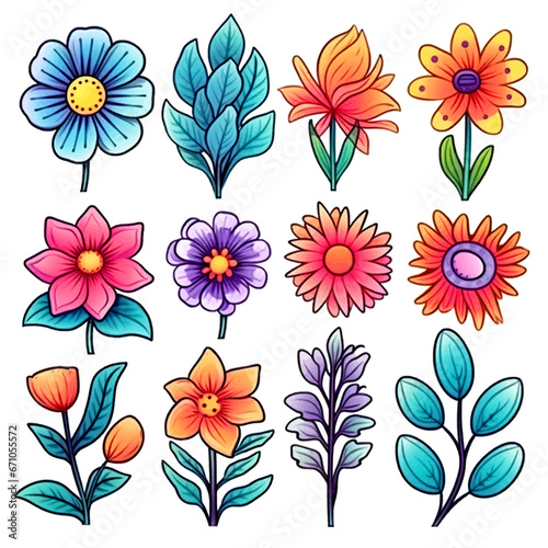 set of cartoon cute flowers sticker watercolor