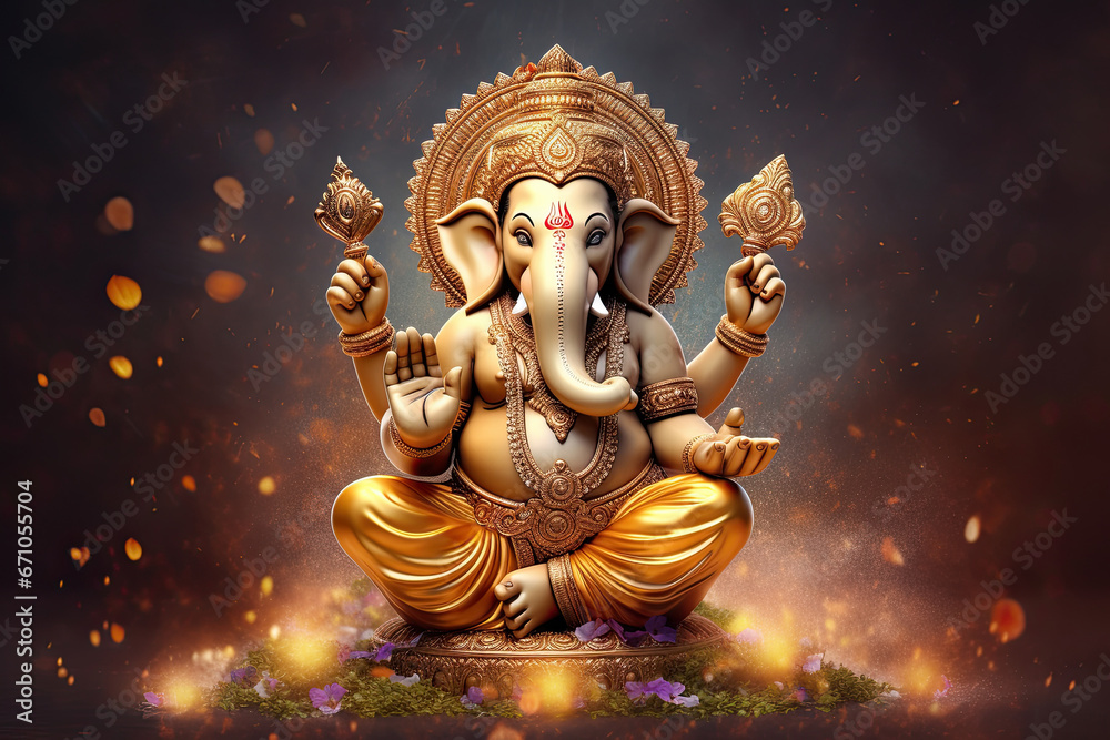 Hindu Lord Ganesha with blurry beautiful and colorful decorative background, Ganesha Ganpati statue, Ganesha festival, Hindu lord concept.