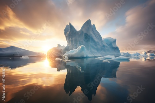 iceberg middile of sea, ice broken with sunset background photo