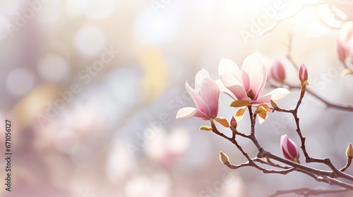  a close up of a branch with pink flowers on it.  generative ai © Nadia