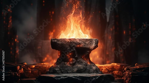 Pedestal stone podium in Fire with fire spark on drak background. made with generative ai photo