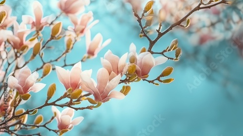  a branch with pink flowers on it against a blue background. generative ai