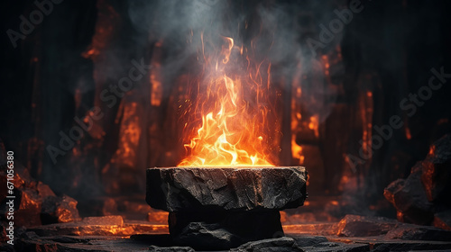Pedestal stone podium in Fire with fire spark on drak background. made with generative ai