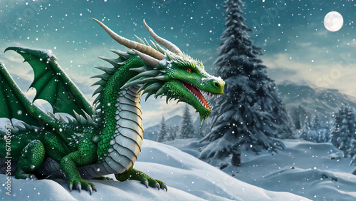 There's a dragon sitting in the snow. Green Christmas dragon in the woods, generated AI.