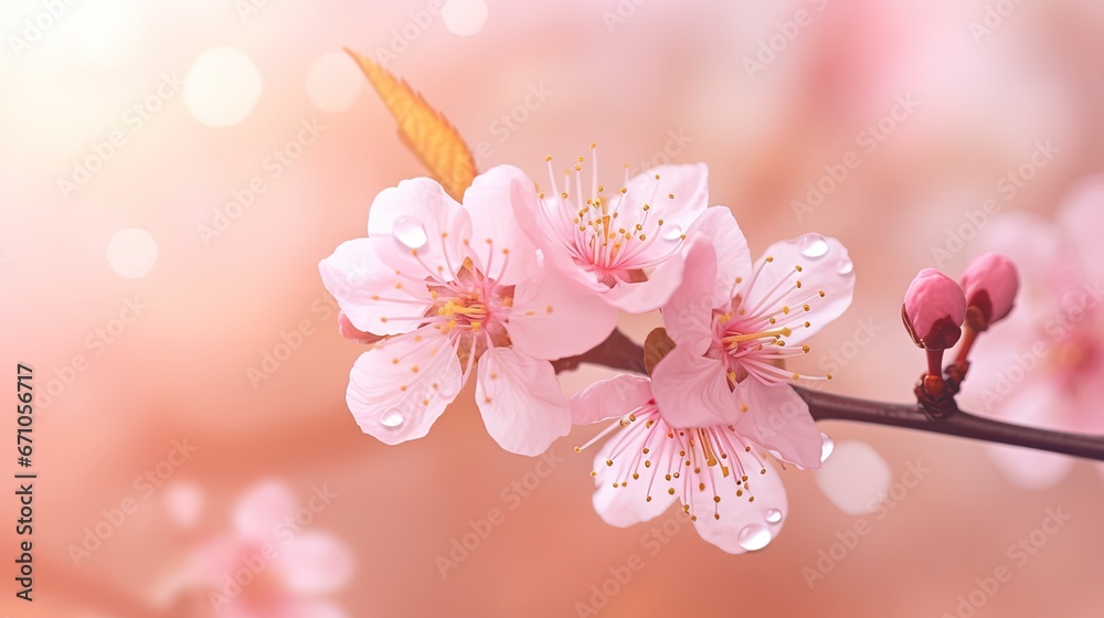  a close up of a pink flower on a tree branch.  generative ai