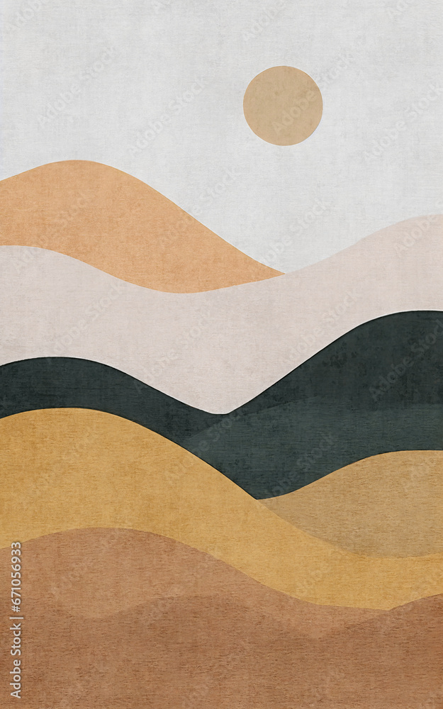 Artistic illustration of geometric mountain and sun composition, modern minimalist painting Artistic illustration of geometric mountain and sun composition, modern minimalist painting
