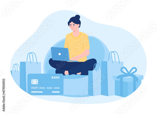 A woman shops online using a laptop concept flat illustration © Kinn Studio