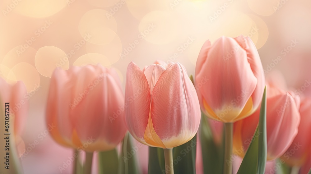  a group of pink tulips with a blurry background.  generative ai