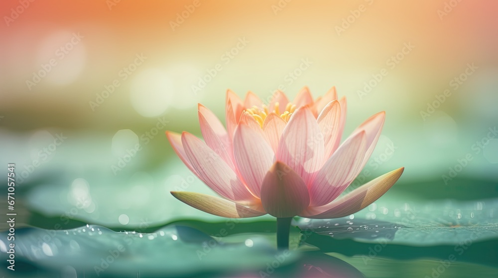  a pink lotus flower floating on top of a body of water.  generative ai