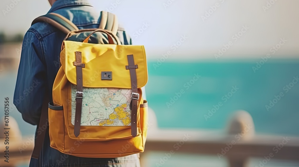 Back view of traveler wearing yellow vintage backpack in blurred background. traveler concept . - obrazy, fototapety, plakaty 