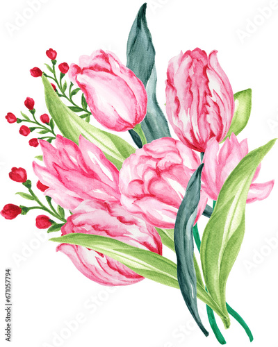 Tulip Flower Bouquet Wreath label border banner watercolor illustation isolated elements