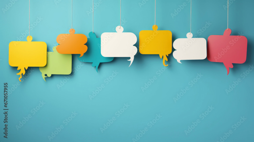 Colorful hanging speech bubbles. Social media notification chat icon. Copyspace dialogue box - obrazy, fototapety, plakaty 