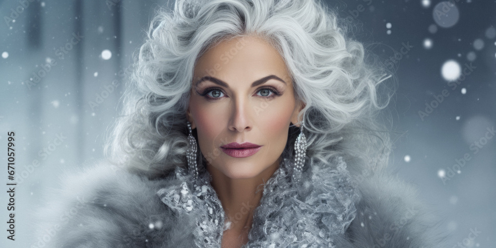Ice Queen - beautiful grey haired, woman, in icy, winter environment 