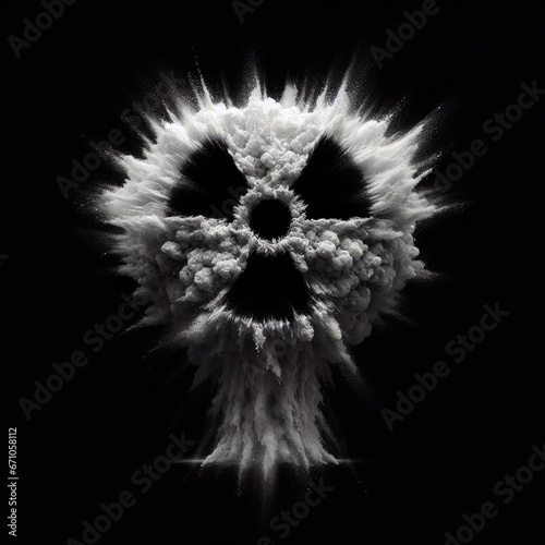 radiation hazard sign  isolated black background with fir smoke 