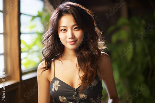 Asian woman model wearing a black sundress on wooden furniture