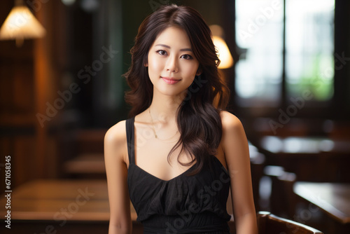 Asian woman model wearing a black sundress on wooden furniture