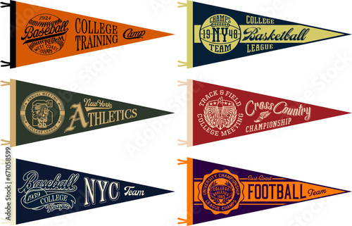 College athletic department basketball football  baseball track field retro  vintage pennant flags vector collection for t shirt print or embroidery applique photo