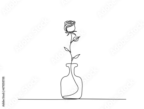 Continuous one line drawing of rose flower in vase. Rose flower in vintage vase outline vector illustration.