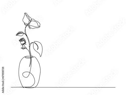 Continuous one line drawing of rose flower in vase. Rose flower in vintage vase outline vector illustration.
