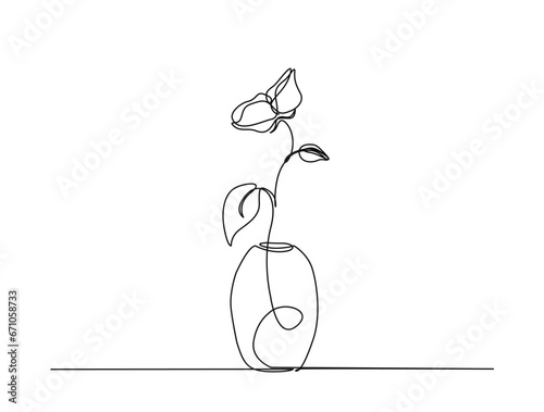 Continuous one line drawing of rose flower in vase. Rose flower in vintage vase outline vector illustration.